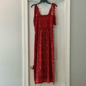 Women’s Red Floral Smocked Sundress Tie Straps Size 1x cottagecore, summer style